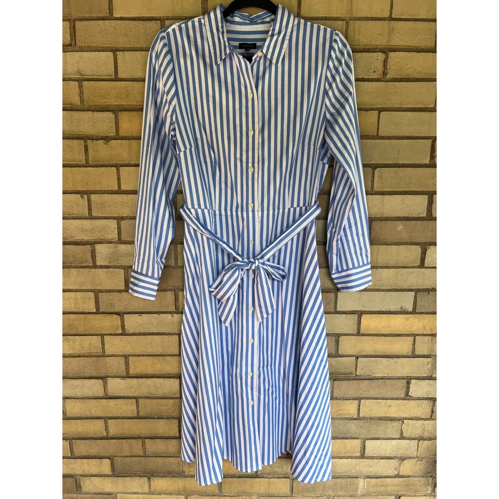 Talbots Blue White Striped Cotton Shirt Dress Pockets Tie Belted Size 8 Medium - Picture 3 of 8